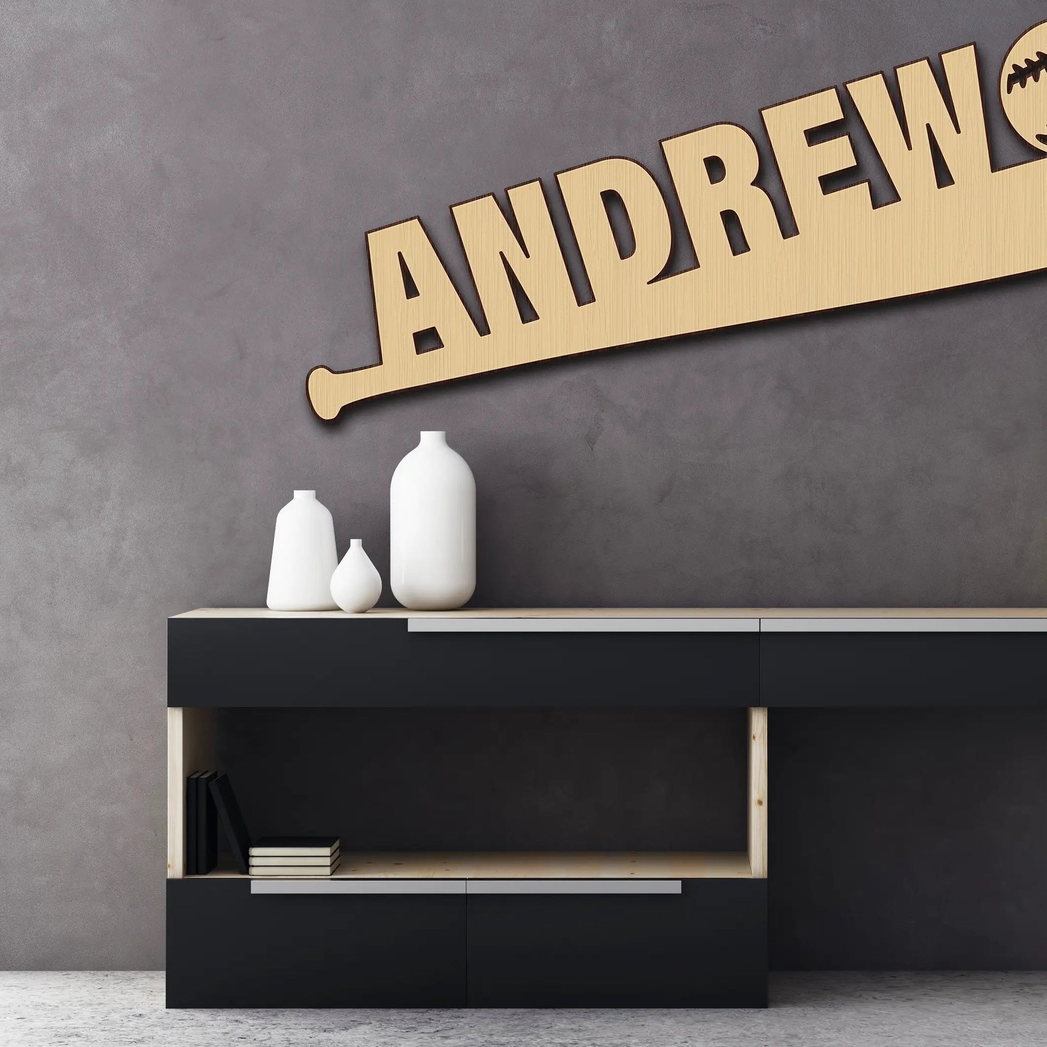 Custom Baseball Bat Ball Name Wood Cutout Wall Decor Personalized Gift Word Text Letter Unpainted Unfinished Raw Shapes Sign 1/5" thick - Print Star Group LLC