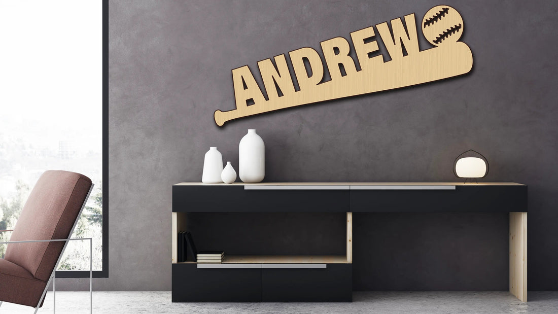 Custom Baseball Bat Ball Name Wood Cutout Wall Decor Personalized Gift Word Text Letter Unpainted Unfinished Raw Shapes Sign 1/5" thick - Print Star Group LLC