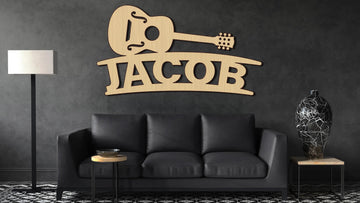 Custom Guitar Acoustic Music Name Wood Cutout Wall Decor Personalized Gift Word Text Letter Unpainted Unfinished Raw Shapes Sign 1/5" thick - Print Star Group LLC