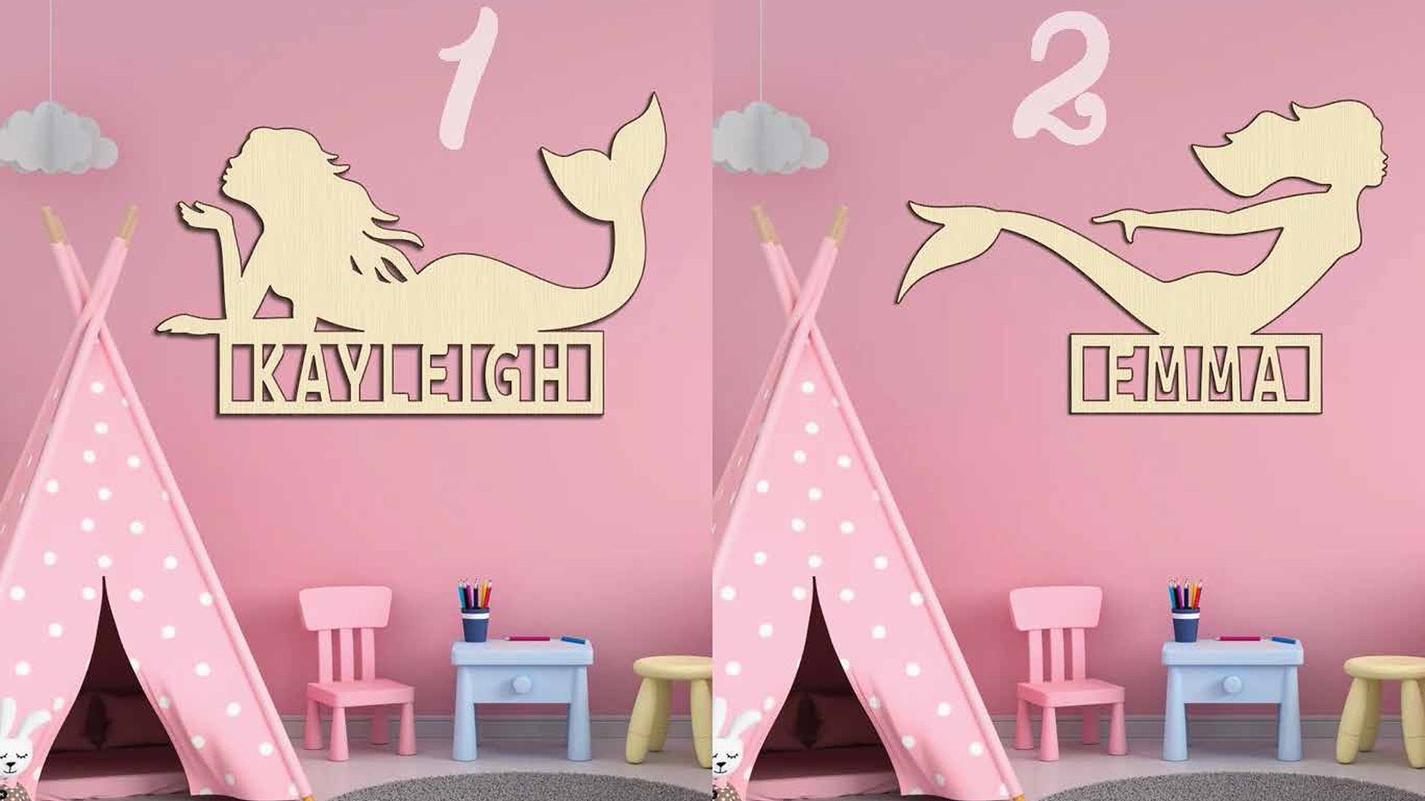 Custom Mermaid Girl Wood Cutout Unpainted Name Raw Shape Sign Baby Shower Personalized Gift Wall Decor 1/5 thick