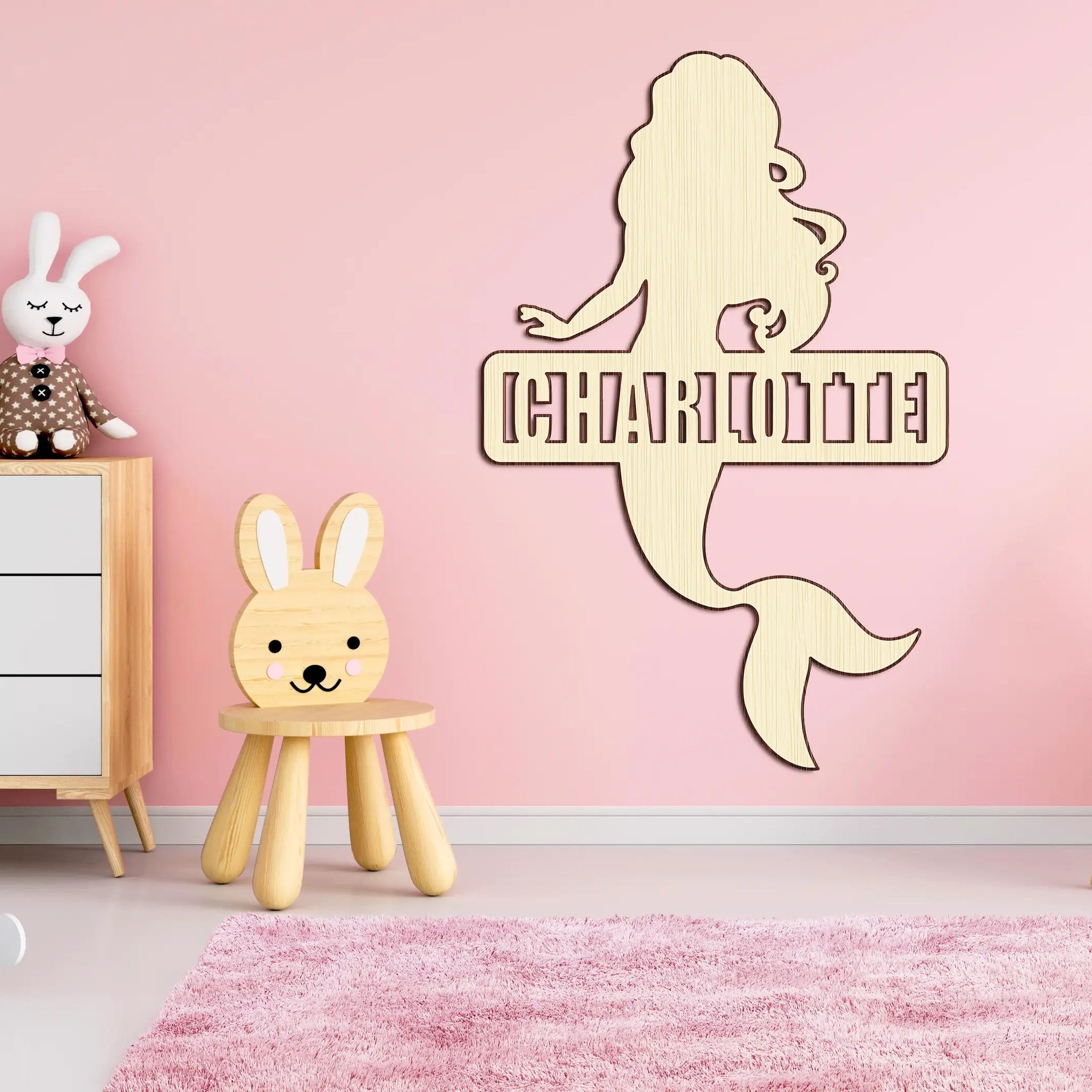 Custom Mermaid Siren Girl Wood Cutout Unpainted Script Name Raw Shape Sign Baby Shower Personalized Gift Wall Decor 1/5 thick - Print Star Group LLC