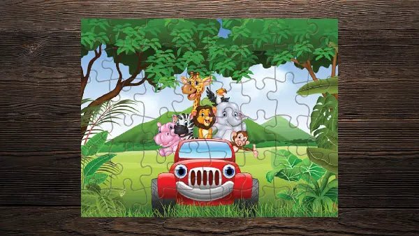 Jungle Animals Giraffe Lion Elephant Monkey Zebra Hippo Parrot Bird Car Safari Nursery Kids Game Toy Gift 11"x8.5" Puzzle Jigsaw 48 pcs - Print Star Group LLC